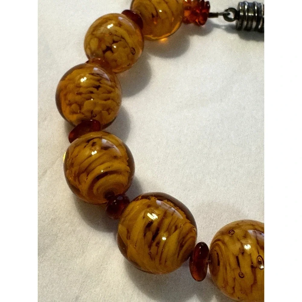 Amber Art Glass Swirl Beaded Bracelet with Magnetic Clasp Earthy Murano‎ Style